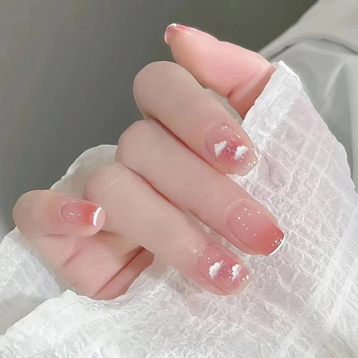 Hnewly Medium Length Fake Nails 3D Flower Pearl Designs Nude Pink Color Press on Nails Ballerina False Nails for Women DIY Manicure