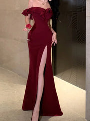 Hnewly Christmas DRESS TO IMPRESS Sexy Bodycon Long Dresses for Women Wedding Evening Party Prom Robe Ruffles Slash Neck High Split Hollow Out Summer New Vestido