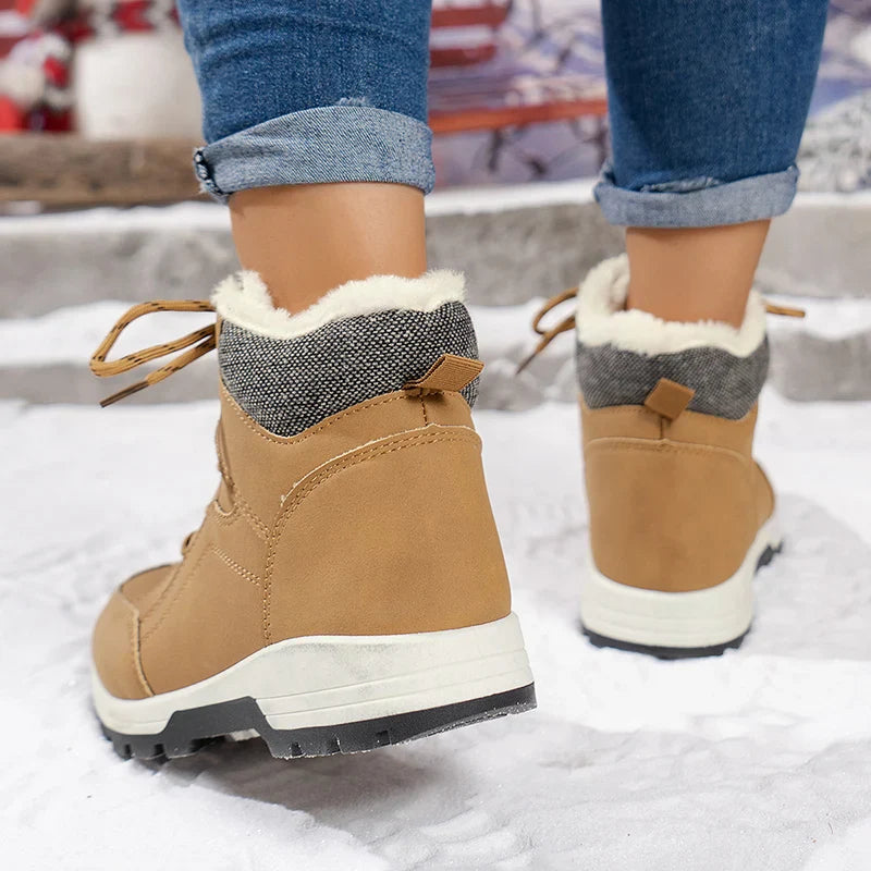 Hnewly Women Lace Up Thick Sole Warm Snow Boots New Winter Fluffy Cotton Padded Shoes Ladies Waterproof Non Slip Platform Sneakers