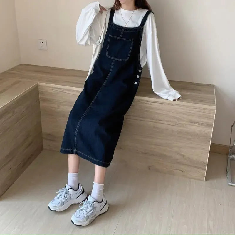 Hnewly Spring Summer Denim Overall Dress Women Casual Sleeveless Jeans Dresses Fashion Solid Split Loose Spaghetti Strap Dresses Girls