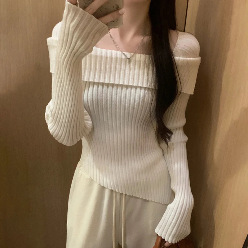 Hnewly Women Knitted Sweater Solid Color Square Collar Long Sleeve Asymmetrical Hem Crop Top y2k Aesthetic Clothing Streetwear