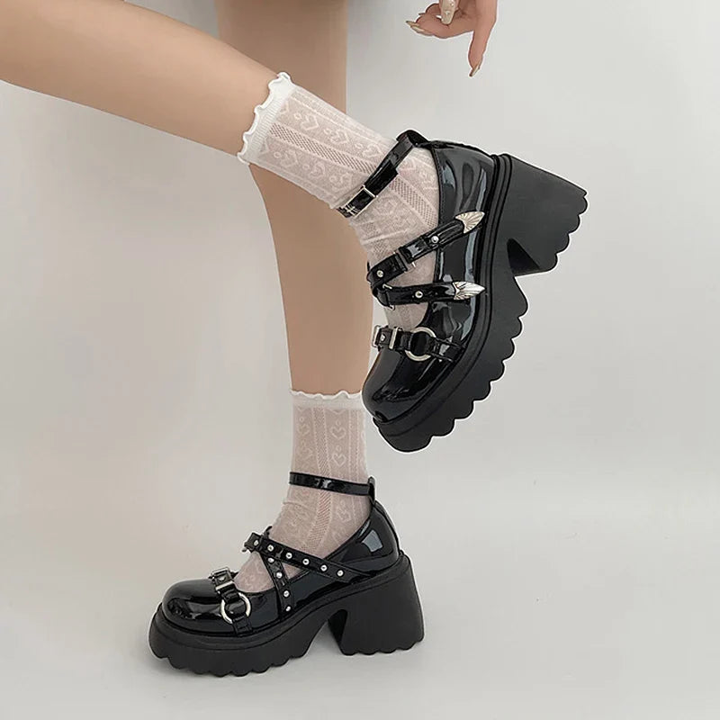 Hnewly Punk Gothic Chunky Platform Pumps for Women Ankle Strap Thick Heeled Mary Jane Shoes Woman Y2K Metal Rivets Lolita Cosplay Shoes