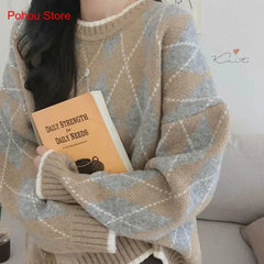 Hnewly comfy outfits winter Winter Argyle Loose Knitted Sweater Pullovers Sweater Korean College Style Women Jumper