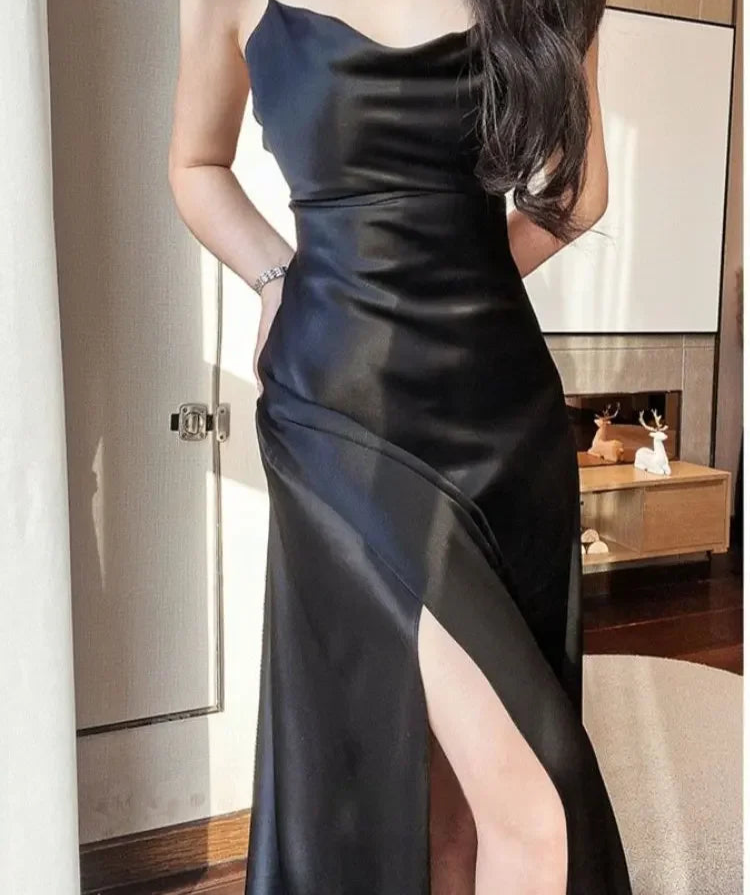 Hnewly holiday dress Women's Summer Dress Solid Satin New in Dresses Slim Fit Open Back Spaghetti Strap Party Dresses Sensual Sexy Dress for Women