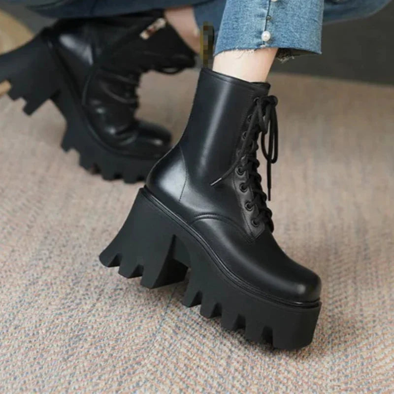 Hnewly Punk Goth Ankle Boots Women Black Chunky Wedge Platform Shoes Woman Lace Autumn Patent Leather Footwear Lady Botas Mujer