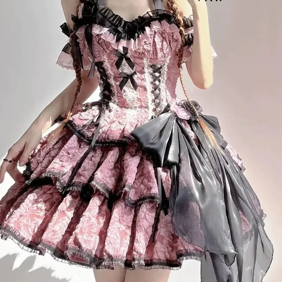 Hnewly DRESS TO IMPRESS Gothic Lolita Jsk Dress Women Victorian Retro Elegant Flower Ruffles Lace Bandage Mini Dress Halloween Girl Sweet Dress