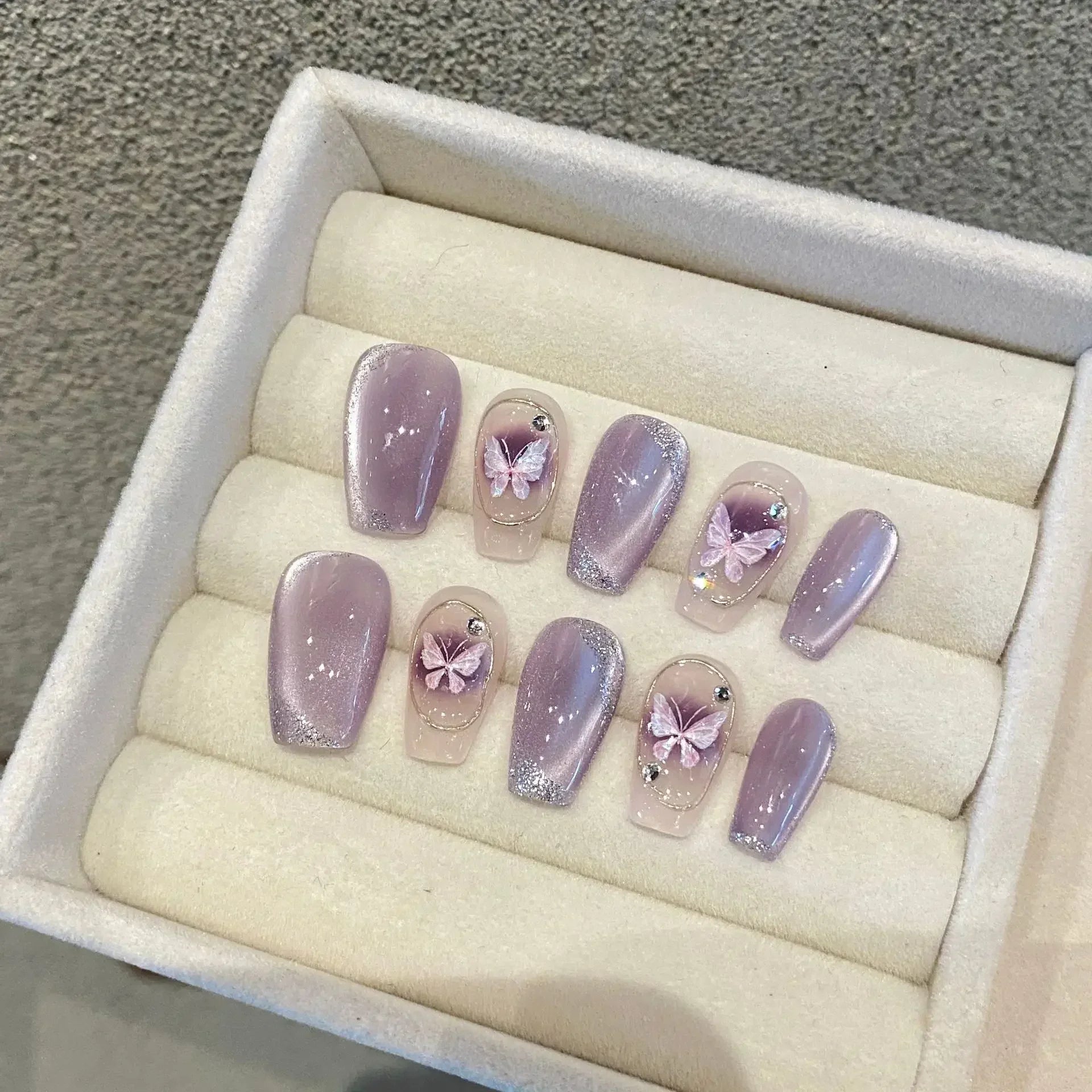 Hnewly 10pcs Handmade Press On Nails Purple Cat Eye Fake Nails Buttfly Design False Nails Full Cover Wearable Manicure Fake Nail Tips