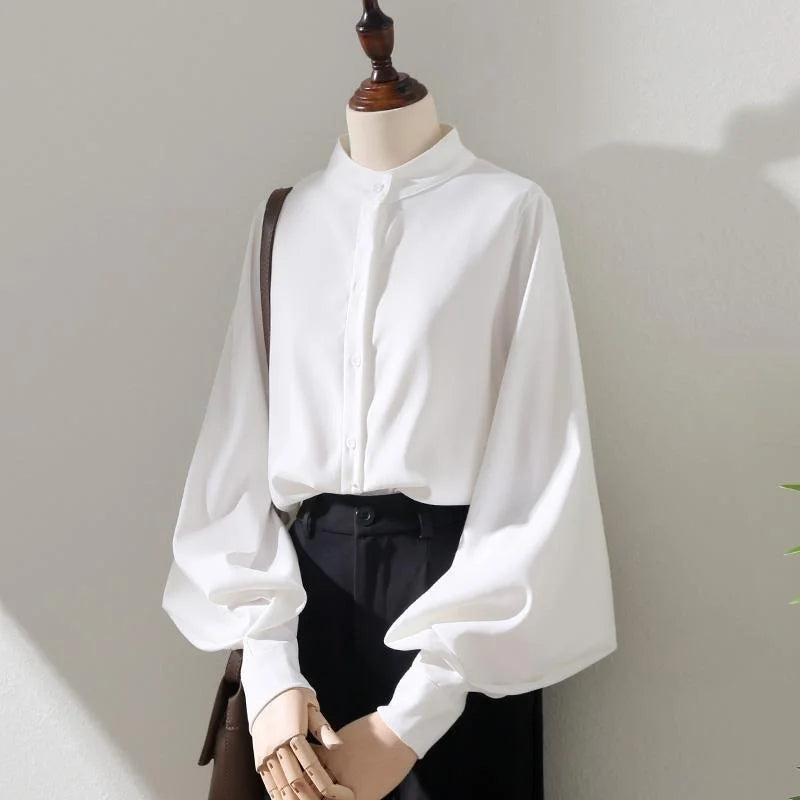 Hnewly Woman Spring Autumn Style Blouses Shirt Lady Long Lantern Sleeve Stand Collar Loose Blusas Tops