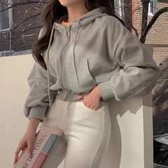 Hnewly casual winter outfits Short hooded Sweatshirt Women Y2K Zip Up Hoodies Harajuku Long Sleeve Tops Oversized Crop Top Female Loose Jackets Coat