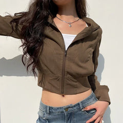 Hnewly Casual Long Sleeves Pockets Cargo Coats Vintage Solid Slim Jackets Y2K Fashion Streetwear Aesthetic Zip Up Clothes