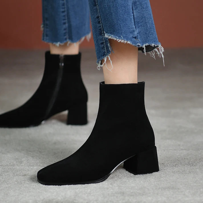 Hnewly Vintage Suede Women Ankle Boots Fashion Thick Heel Short Booties Autumn Winter Women's Shoes