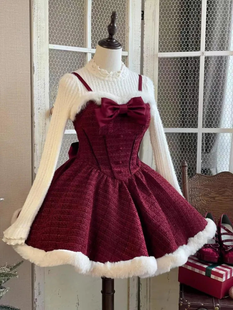 Hnewly Christmas New Year 3 Piece Set Sweet Lolita Style Dress Sets Womens Elegant Chic Bow Plush Shawl Short Jackets Mini Skirts Suit