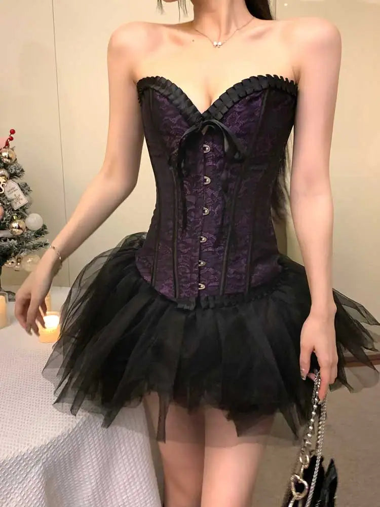 Hnewly DRESS TO IMPRESS Overbust Corset Tulle Tutu Women 2-piece Set Hooks & Eyes Boned Lace-up Textured Tube Top Puffy Miniskirt Goth Outfits