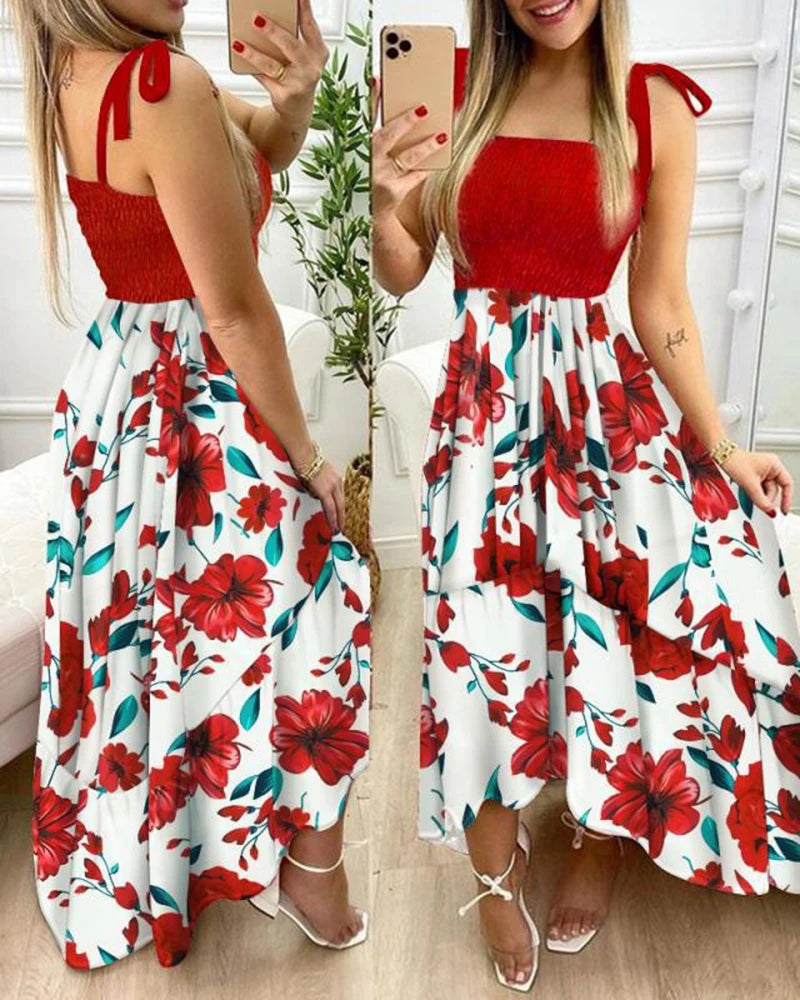 Hnewly Summer Sexy Spaghetti Strap Floral Print Maxi Dress For Women Casual Elegant Chest Wrap Long Woman Beach Dress Holiday