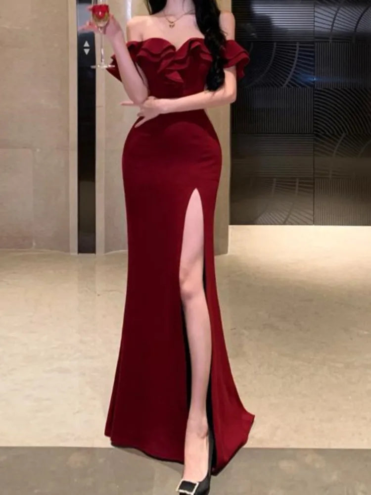 Hnewly Christmas DRESS TO IMPRESS Sexy Bodycon Long Dresses for Women Wedding Evening Party Prom Robe Ruffles Slash Neck High Split Hollow Out Summer New Vestido