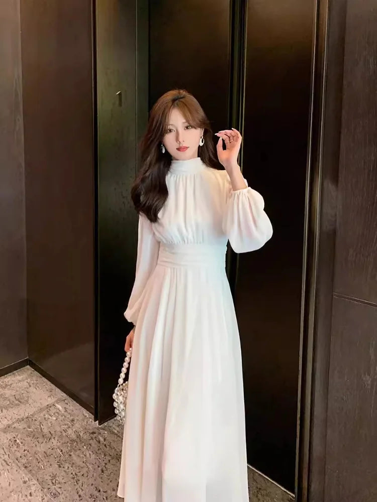 Hnewly DRESS TO IMPRESS Spring Turtleneck White Midi Dress Women Long Sleeve French Elegant Temperament One Piece Dress Evening Party Prom Robe Female