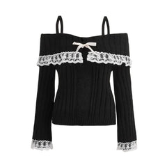 Hnewly Coquette Off Shoulder Sweaters Women Sweet Kawaii Lace Knitted Long Sleeve Pullovers Solid Cute Sweaters Aesthetics