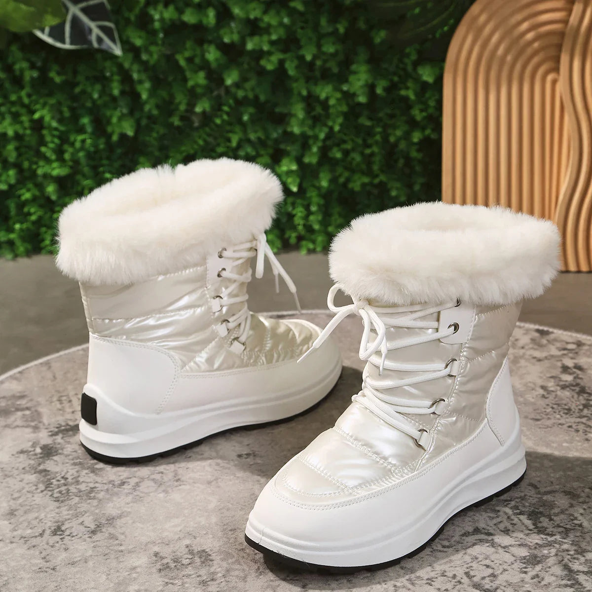 Hnewly Women's Faux Fur Ankle Boots Chunky Platform Waterproof Snow Boots Women Silver Thick Plush Warm Winter Boots Shoes Woman 43