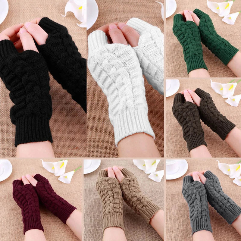 Hnewly Women Stylish Hand Warmer Winter Gloves Arm Crochet Knitting Faux Wool Mitten Warm Fingerless Glove Twist Pattern Women Gloves