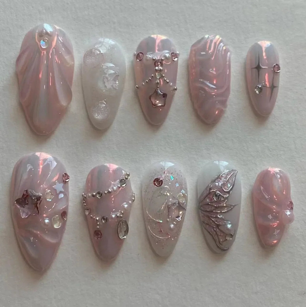 Hnewly 24pcs Sweet False Nail Patches Detachable Fake Nail Tips With Bowknots Love Heart Pearl Design Pink Almond Korean Press On Nail