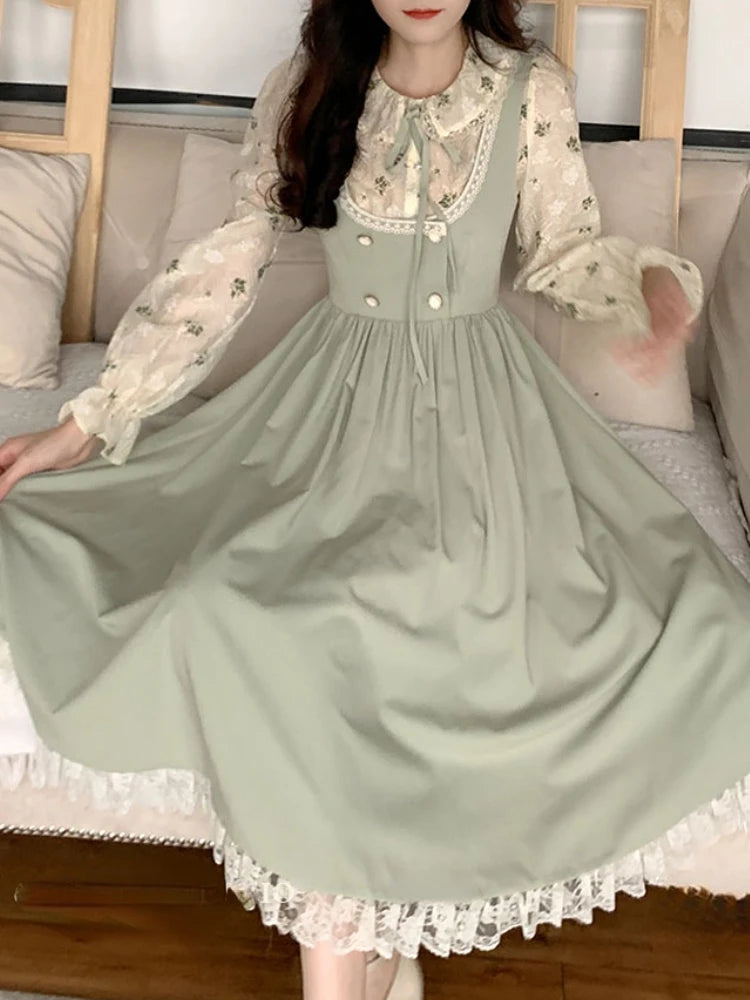 Hnewly DRESS TO IMPRESS Green Elegant Vintage Strap Dress Women Spring Lace Evening Party Midi Dresses Ladies Retro Korean Sweet Kawaii Fairy Dress