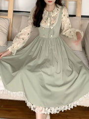 Hnewly DRESS TO IMPRESS Green Elegant Vintage Strap Dress Women Spring Lace Evening Party Midi Dresses Ladies Retro Korean Sweet Kawaii Fairy Dress