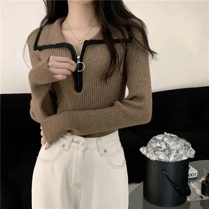 Hnewly warm winter outfits Turn-down Collar Zipper Sweater Women Autumn Winter Fashion Solid Color Slim Knitwear Office Lady All-match Trend Knitting Tops