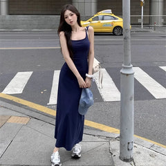 Hnewly Summer Women Versatile Streetwear Dress Lady Fashion Navy Blue Suspender Dress Female Daily Off Shoulder Slim Fit Long Dress