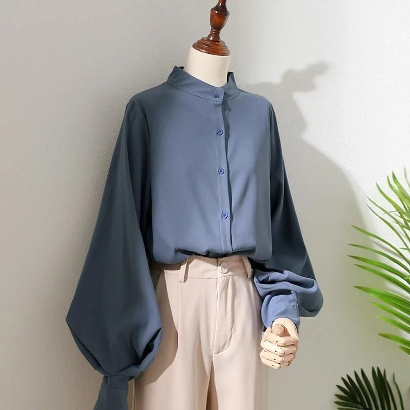 Hnewly Woman Spring Autumn Style Blouses Shirt Lady Long Lantern Sleeve Stand Collar Loose Blusas Tops