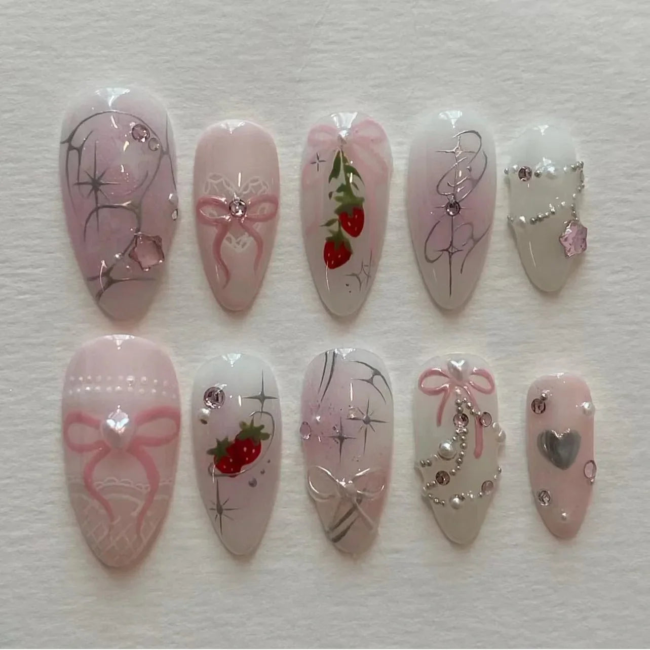 Hnewly 24pcs Sweet False Nail Patches Detachable Fake Nail Tips With Bowknots Love Heart Pearl Design Pink Almond Korean Press On Nail