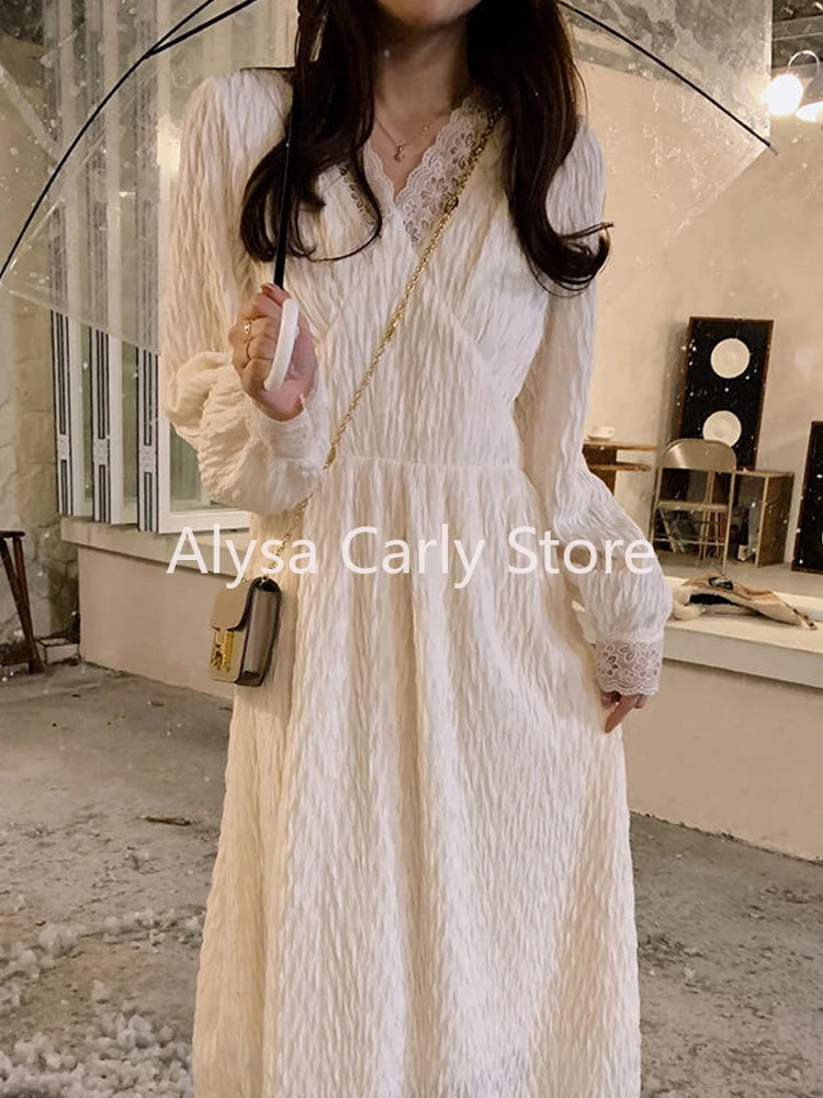 Hnewly Elegant Lace Long Fairy Dress Women 2024 Autumn Sexy V-neck Korean Style Party Dress Casual One Piece Dress Ladies Fashion Chic