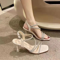 Hnewly  French Rhinestone Sandals Fashion Fine Heel High Heel Sandals Women's Summer New Fairy Style Thin High Heels Shoes