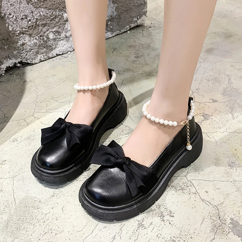 Hnewly Fashion Mary Jane Shoes Women Spring/summer New Pearl Bow Single Shoe Chunky Heel Small Leather Shoes