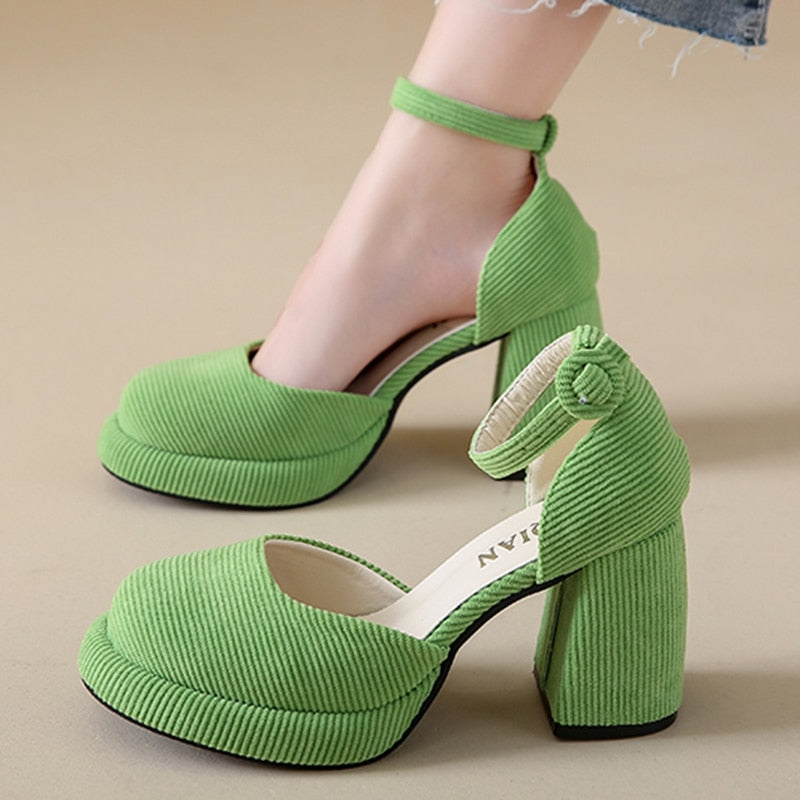 Hnewly Green Ankle Strap Platform Pumps Women Corduroy High Heels Mary Jane Shoes Woman Elegant Chunky Heeled Party Dress Shoes