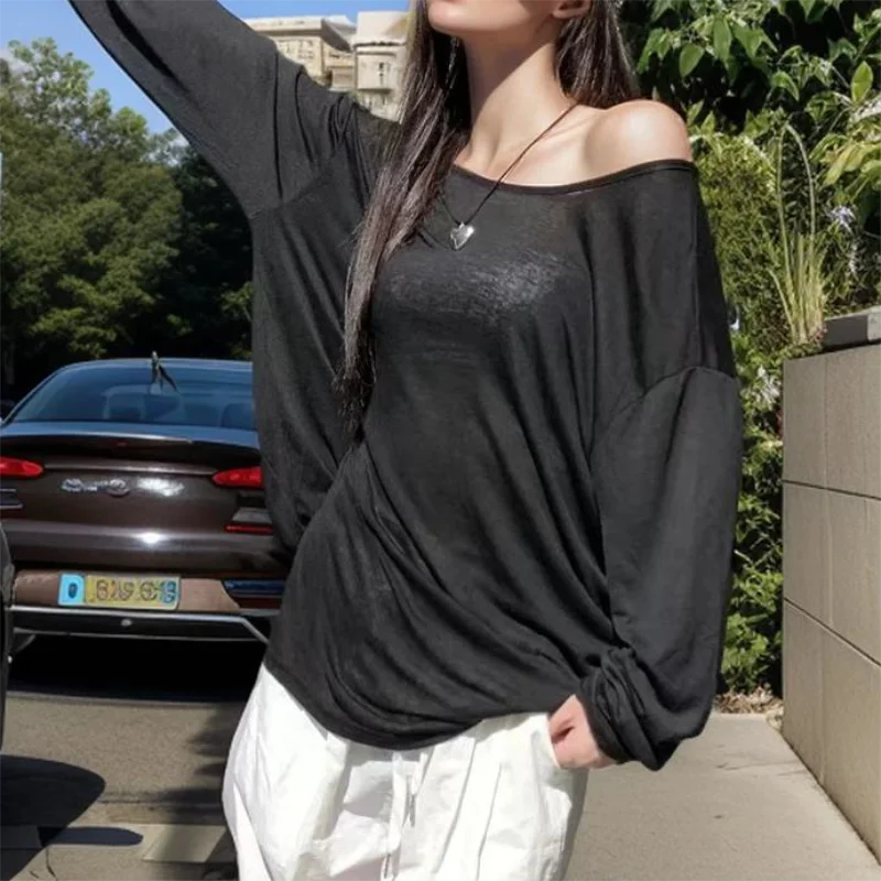 Hnewly Sexy Sheer Baggy T-shirt for Women 2024 Summer Casual Fashion Loose Pullovers Chic Lazy Solid Color Off Shoulder Top Streetwear