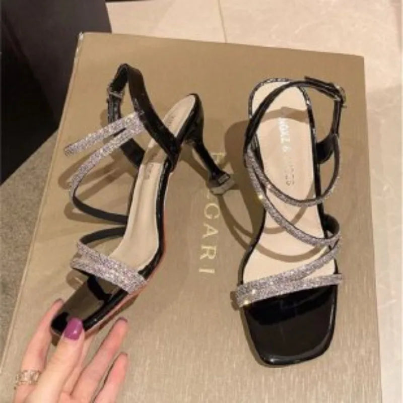 Hnewly  French Rhinestone Sandals Fashion Fine Heel High Heel Sandals Women's Summer New Fairy Style Thin High Heels Shoes