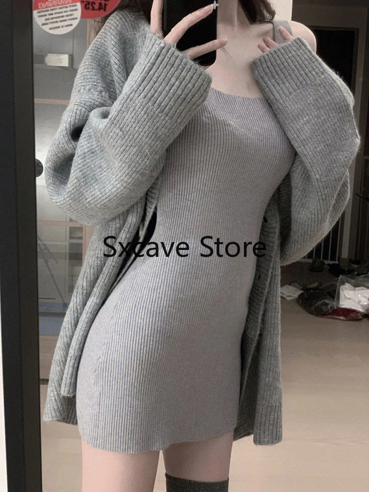 Hnewly Gray 2 Piece Dress Set Women Casual Long Sleeve Cardigan + Bodycon Strap Sweater Dress Evening Party Knitted Suit