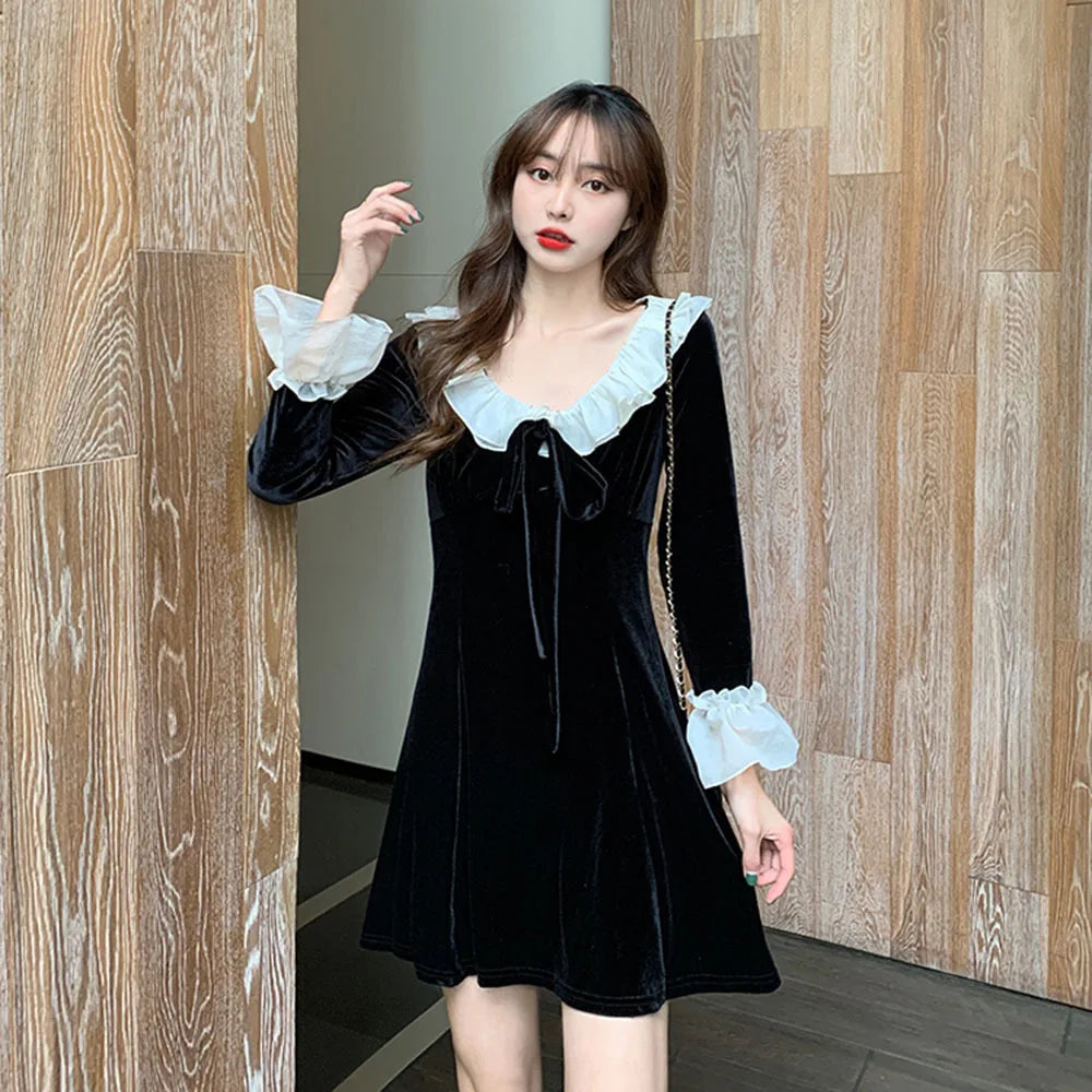 Hnewly Christmas Red Dress Woman Autumn French Ruffle Velvet Splice Dress Ladies Flared Sleeve Bow Slim Party Mini Dress