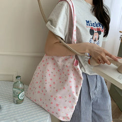 Hnewly Pink Floral Canvas Shoulder Bag Handbag Korean Travel Beach Bag Double-sided Shopping Totes Bag Girl Lace Underarm Bag