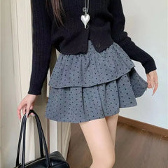 Hnewly Sweet Kawaii Mini Skirt Women Grey Korean Style Elegant Dot Short Skirts Coquette Fashion High Waist Cute Ruffle Skirt