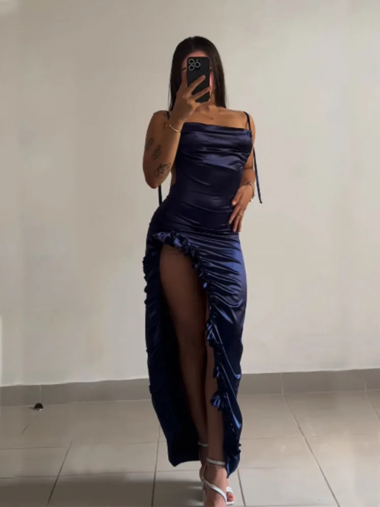 Hnewly Sexy Satin Bodycon Long Dress Women Vintage Backless Strapless Ruffles Fork Party Club Elegant Evening Dresses Female Vestidos