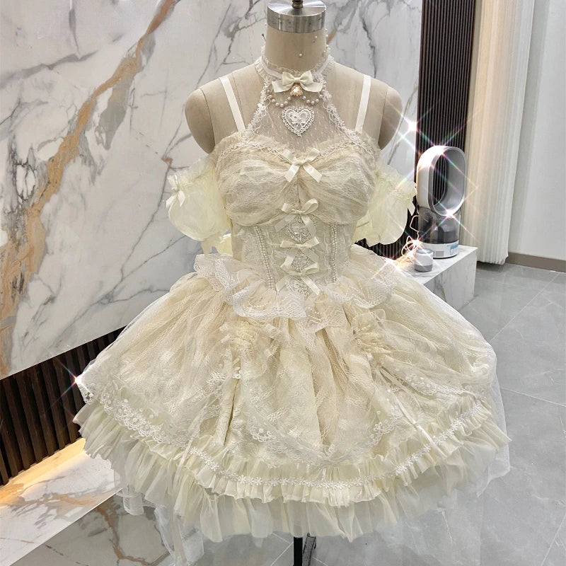 Hnewly Japanese Sweets Lolita Jsk Dresses Kawaii Women Vintage Elegant Lace Mesh Princess Strap Dress Harajuku Lolita European Clothing