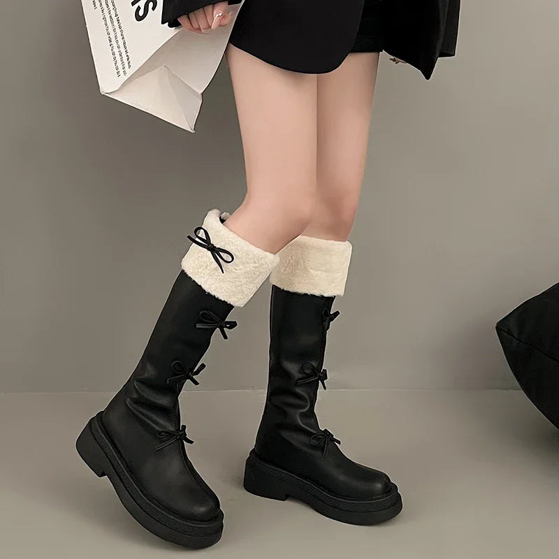 Hnewly trashy outfits Sweet Butterfly Knot Woman's Boots New Korean Style Fashion Brown High Boots Plush Thickened Winter Ladies Knee-High Boots