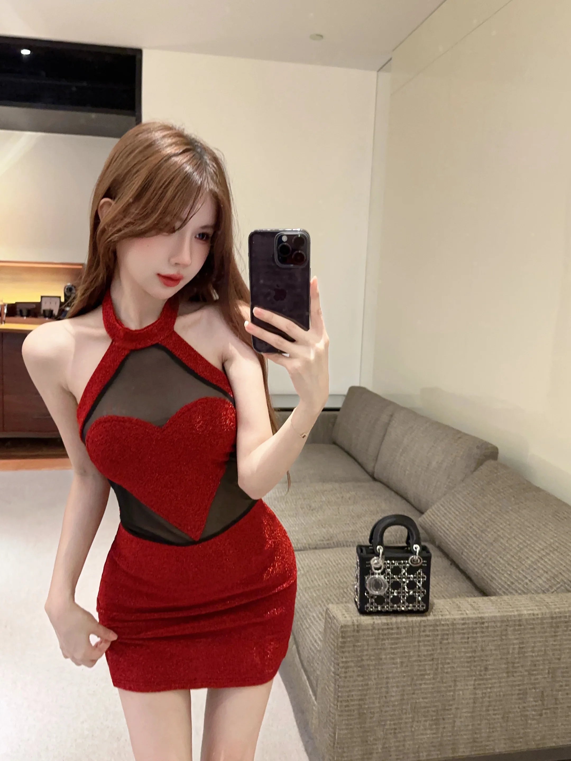 Hnewly Sexy 3D Heart Halter Red Night Party Dress Women Summer Sweet High Waist Backless Slim Fit Sleeveless Y2k Mini Dresses