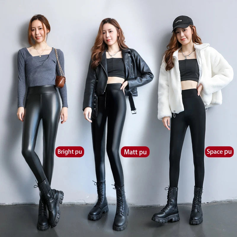 Hnewly Autumn Winter Black Fleece Matte Leather PU Leggings Women's High Waist Elasticity Lift Buttock Trousers Skinny Legging Pants