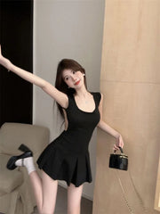 Hnewly Fashion Sexy Backless Lace Up Black Dresses Y2k E-Girl Slim Waist Dress for Women 2025 Summer New A-line Vestidos Mujer