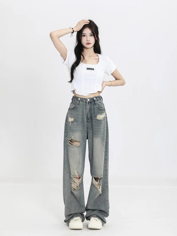 Hnewly Vintage Y2K Ripped Jeans Women Blue High Waist Straight Loose Denim Trousers Wide Leg Pants Streetwear Oversize