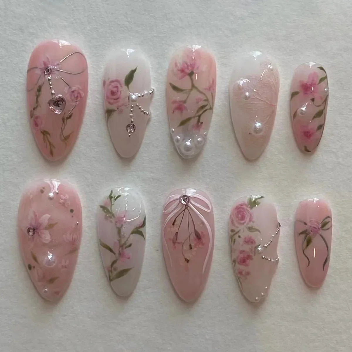 Hnewly 24pcs Sweet False Nail Patches Detachable Fake Nail Tips With Bowknots Love Heart Pearl Design Pink Almond Korean Press On Nail