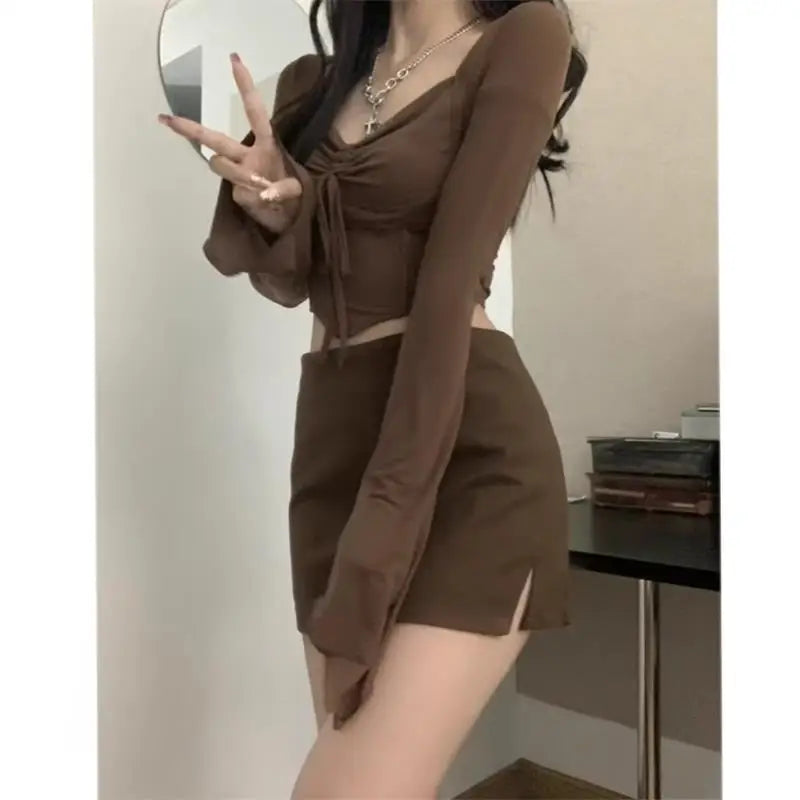 Hnewly Autumn Sexy Two Pieces Skirt Set Women Y2k Long Sleeve Crop Top T-shirt + Skirt Fashion Aesthetic Streetwear Female Suit