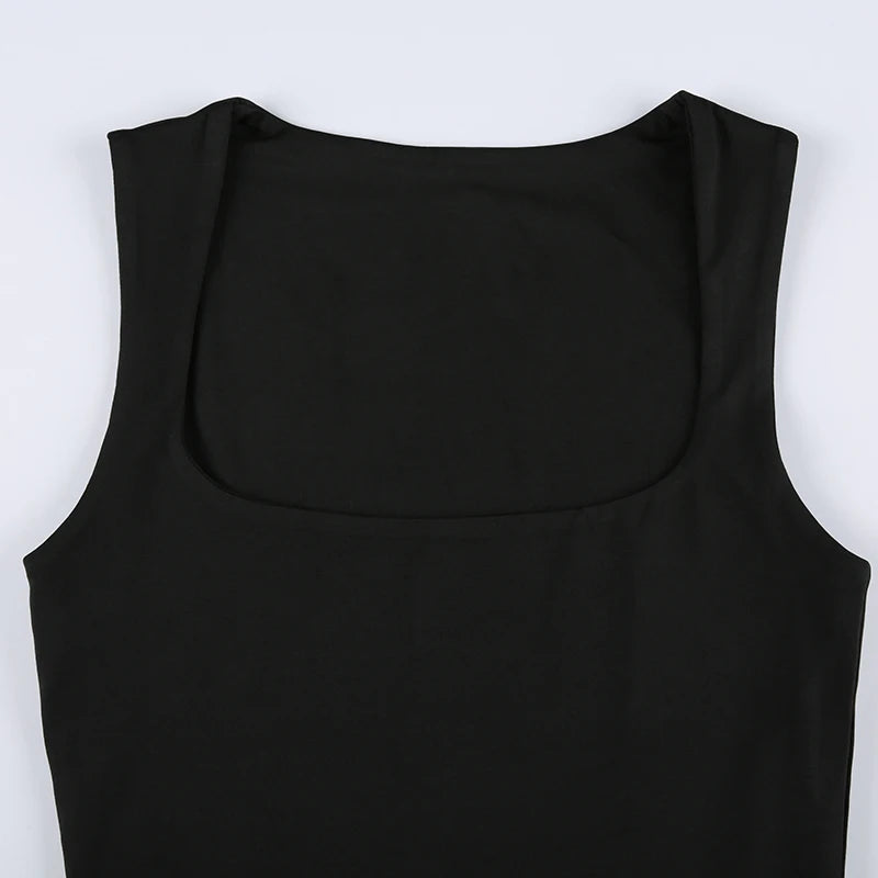 Hnewly Solid Black Square Collar Crop Top Women Sleeveless Basic Tank Tops Vintage Casual Ladies Vest Harajuku Y2k Summer Tees